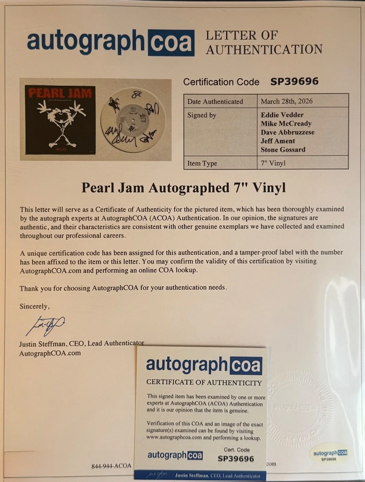 Pearl Jam Vintage SIGNED Alive 45 Eddie Vedder Stone Jeff Mike Dave W PROOF ACOA, изображение 2