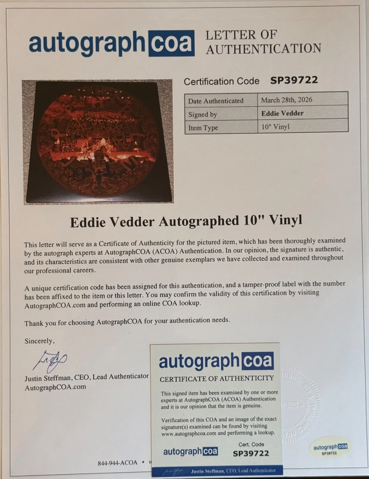 Eddie Vedder - Pearl Jam - SIGNED Christmas Single 10" EP Lp Record Vinyl ACOA, изображение 2