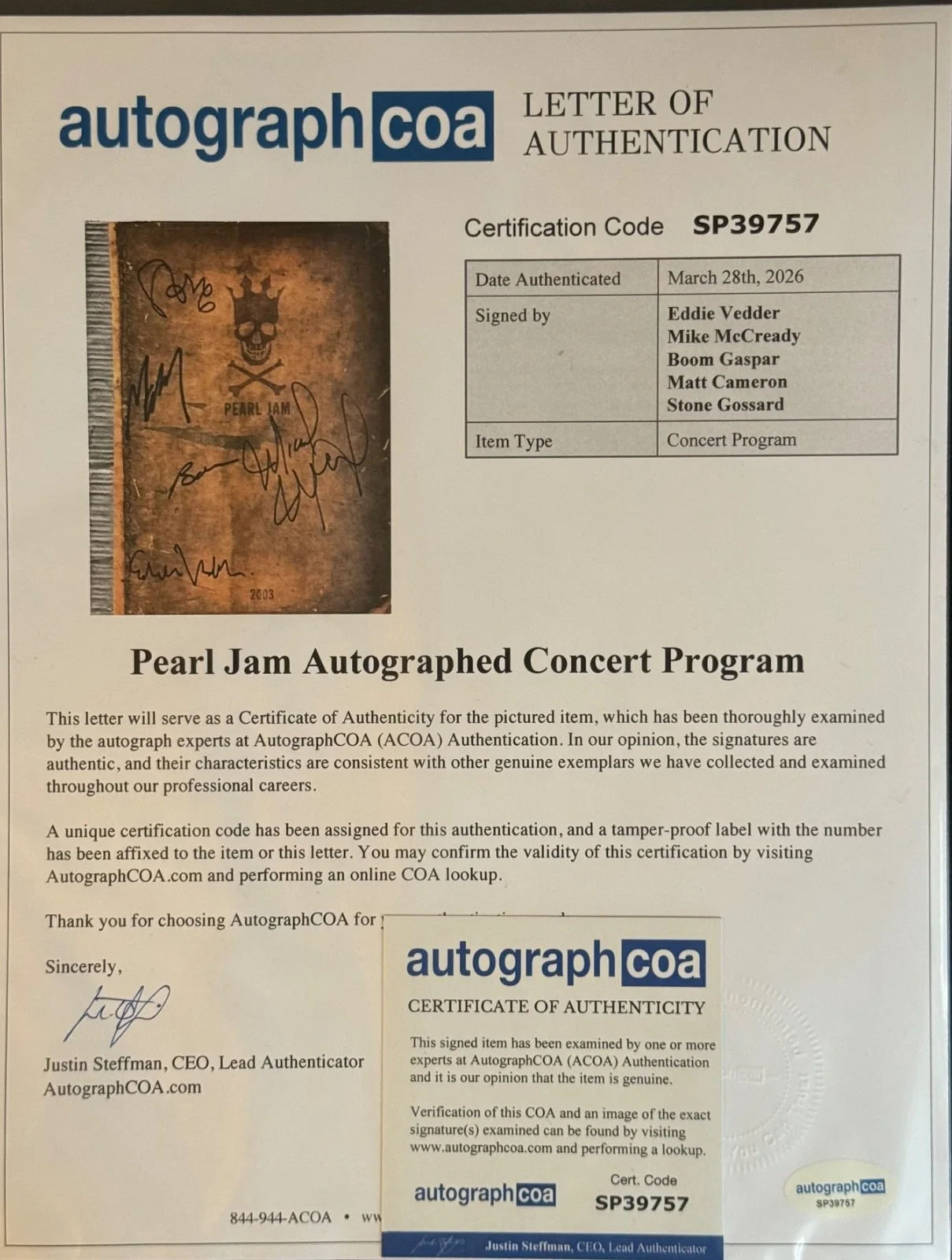Pearl Jam SIGNED 03' Riot Act Tour Progam Eddie Vedder Mike Matt Boom Stone ACOA, изображение 2