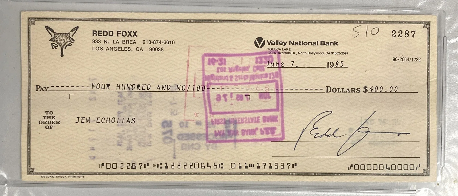 Redd Foxx Signed 1985 Personal Check - PSA, изображение 3