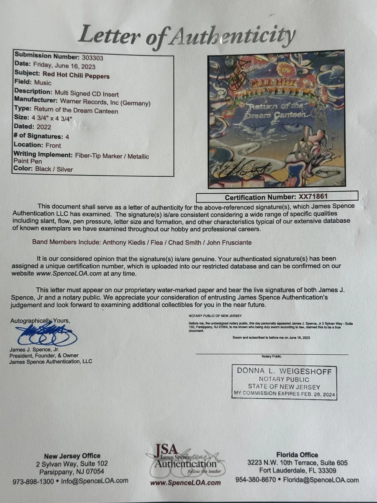 FLEA ANTHONY KIEDIS CHAD SMITH JOHN FRUSCIANTE — THE RED HOT CHILI PEPPERS signed "The Dream Canteen " CD FRAMED x4 JSA LOA flea+, image 3