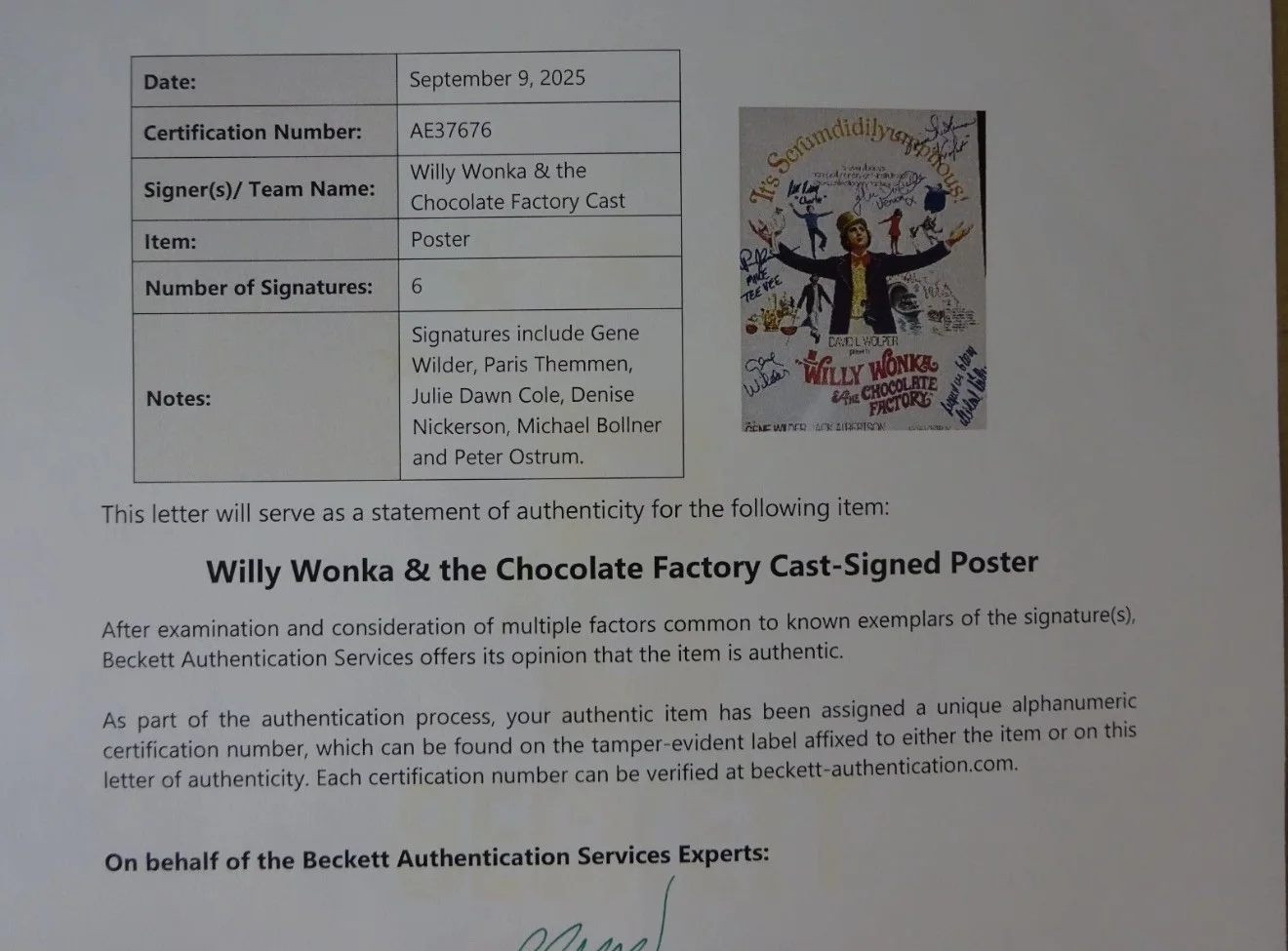 Willy Wonka & The Chocolate Factory Photo Signed By 6 11"x17" Photo BAS COA LOA, изображение 2