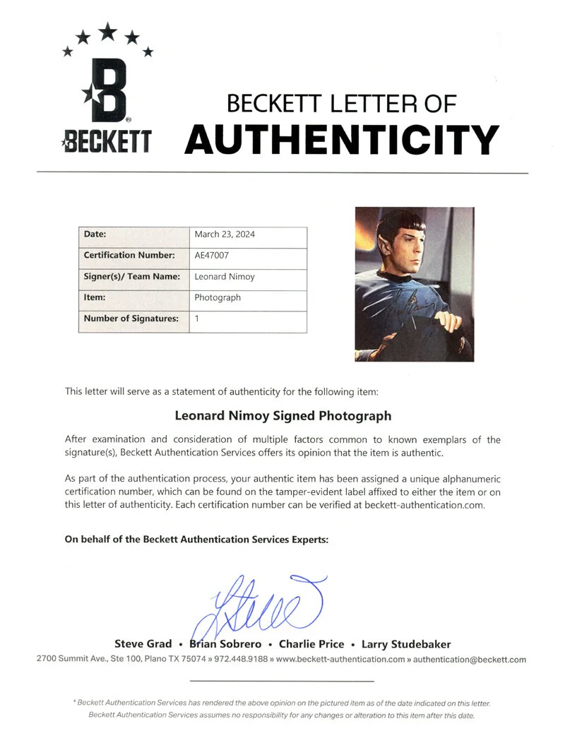LEONARD NIMOY SIGNED AUTOGRAPHE​D 8x10 PHOTO SPOCK STAR TREK TOS BECKETT BAS, изображение 2