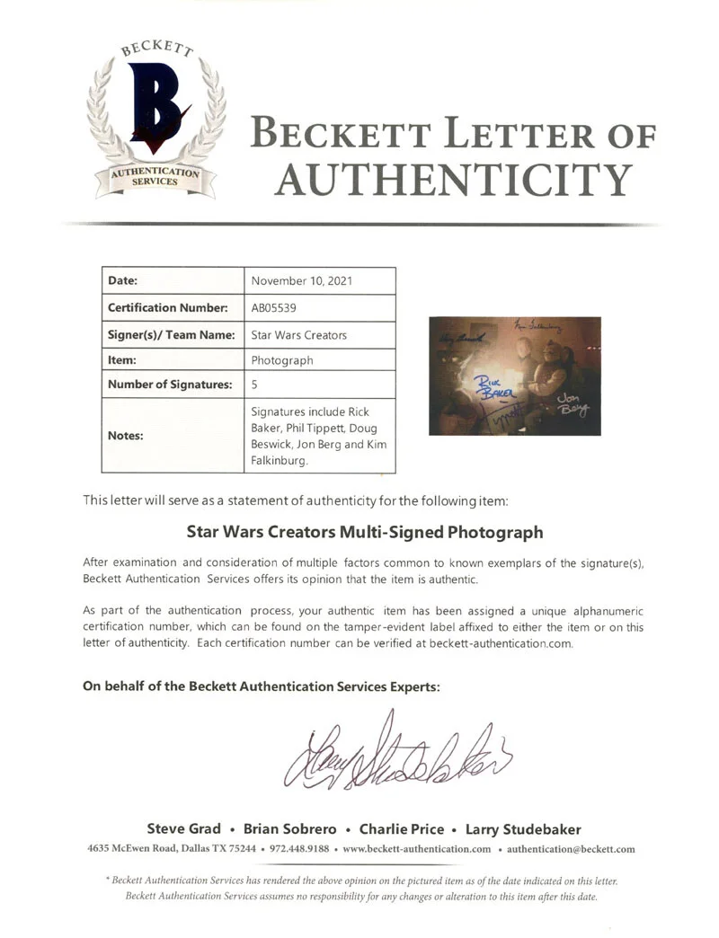 CANTINA SCENE BESWICK BAKER TIPPETT +2 SIGNED 8x10 PHOTO ILM STAR WARS BECKETT, изображение 2