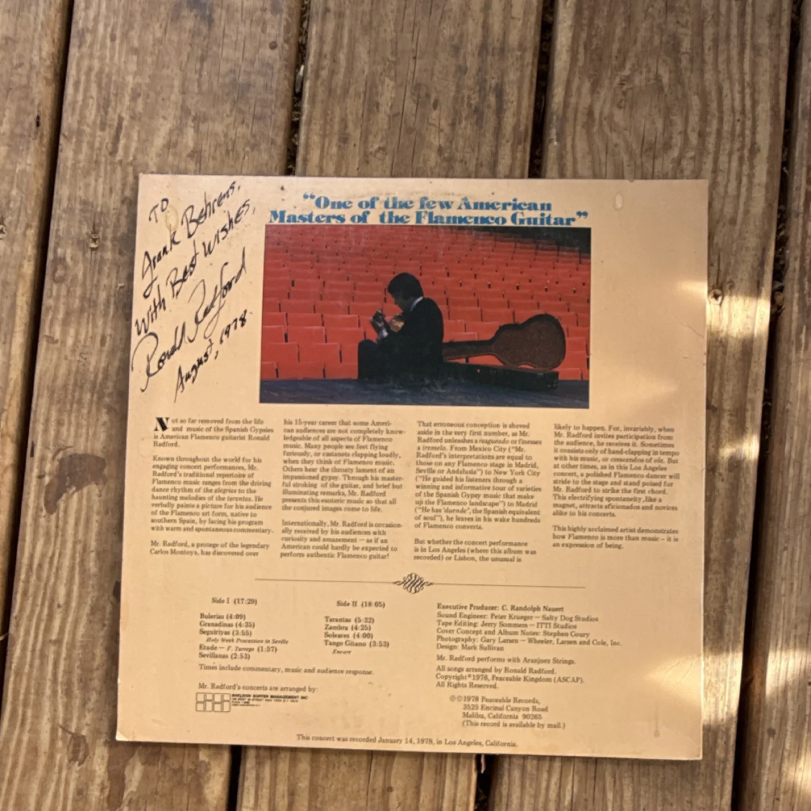 Ronald Radford Autographed Flamenco Guitar In Concert Original Vinyl Record, изображение 2