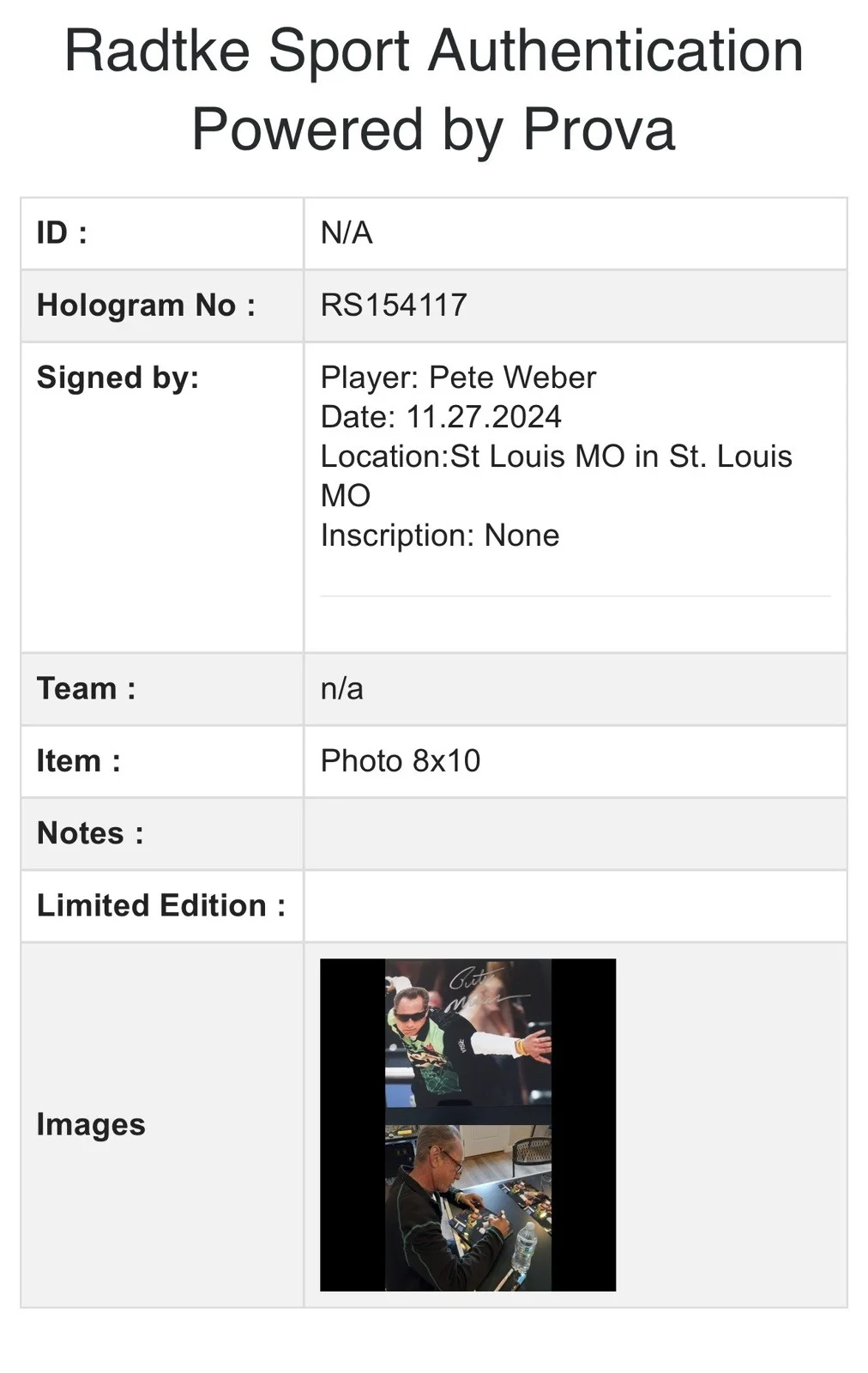 Signed Pete Webber Bowling Legend Autographed 8x10 Photo w/COA, image 3