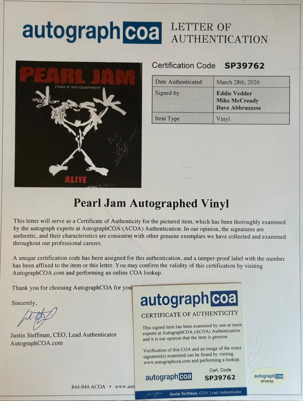Pearl Jam SIGNED ALIVE 12" Record Single Eddie Vedder Mike McCready & Dave ACOA, image 2