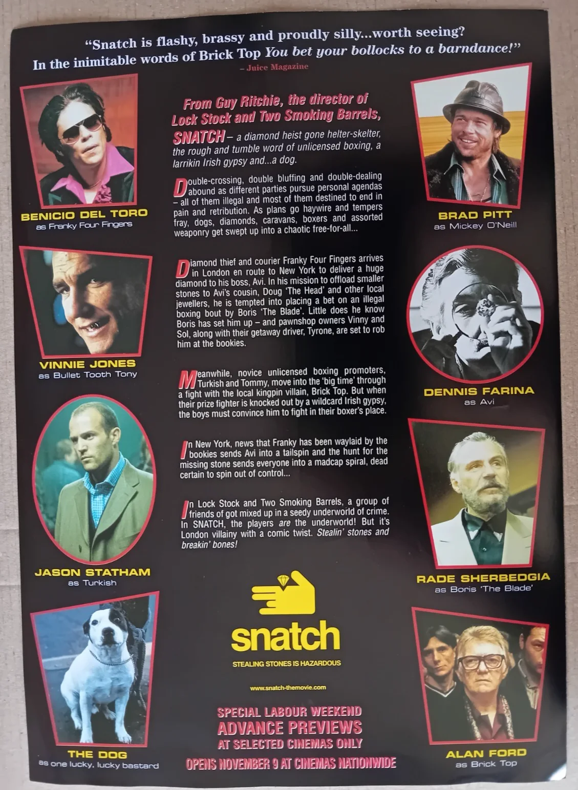 ORIGINAL SYNOPSIS SHEET SNATCH Brad Pitt, image 2
