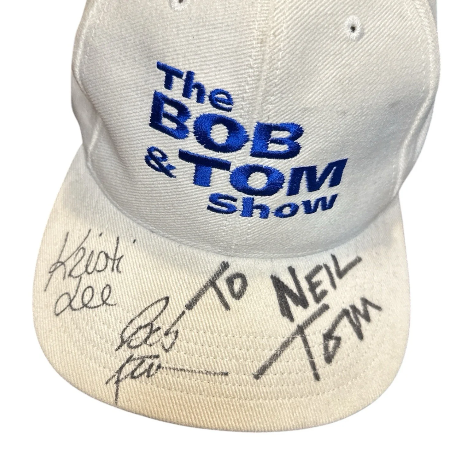Bob, Tom, Kristi Lee — Bob & Tom Show Cast AUTOGRAPH Baseball Hat! Q95 WFBQ Radio Hosts SIGNED x3 RARE, изображение 2