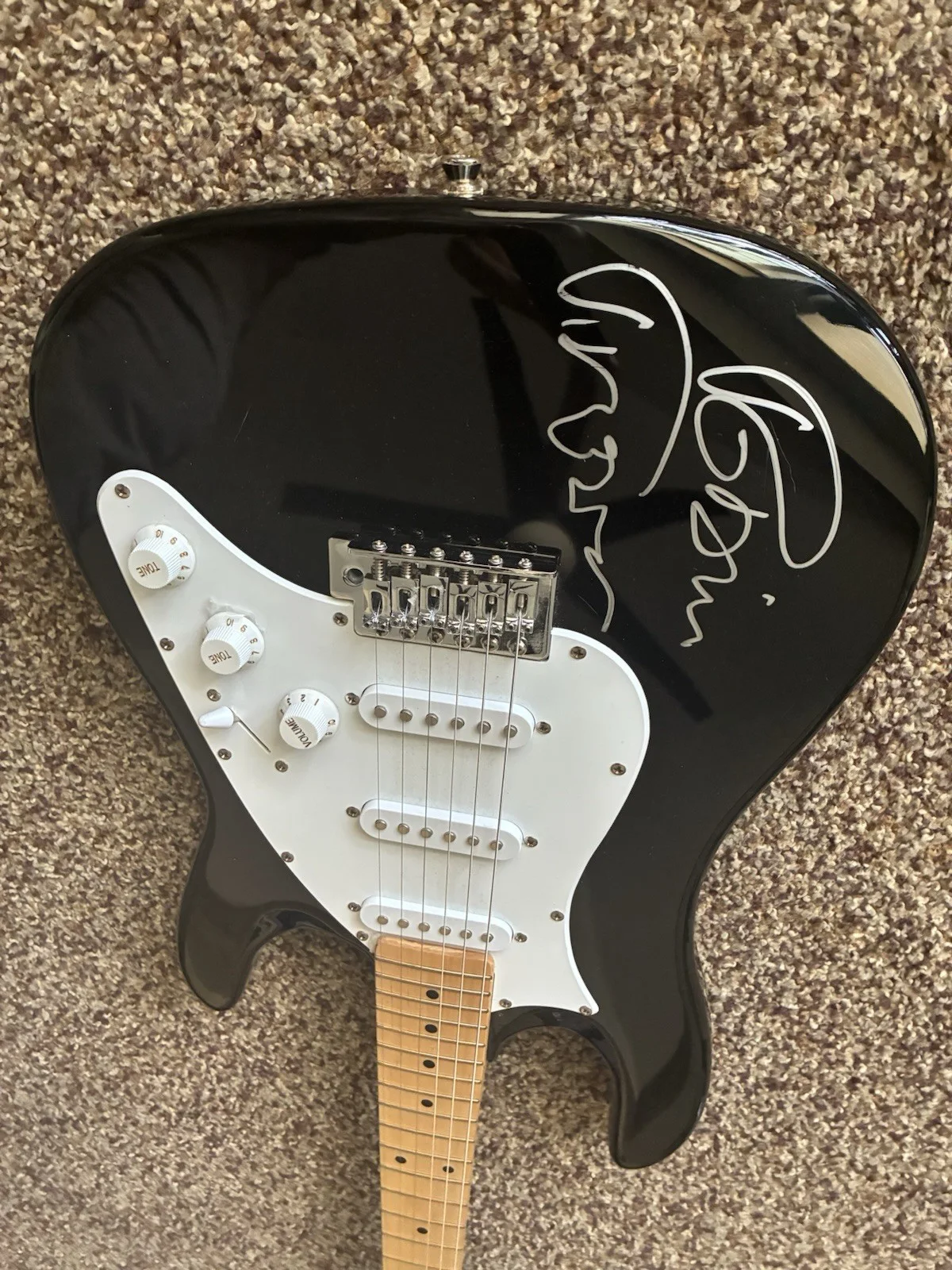This Is A Beautiful Black Guitar Signed In Silver By Robin Trower., image 3