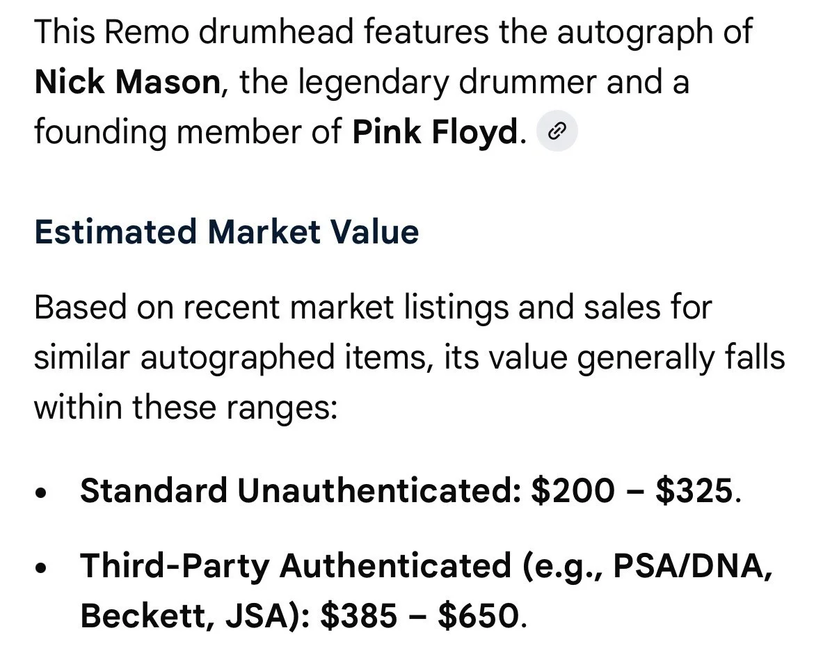 REMO Autographed Drumhead Signed "Nick Mason" with Photo - Music Memorabilia, изображение 2