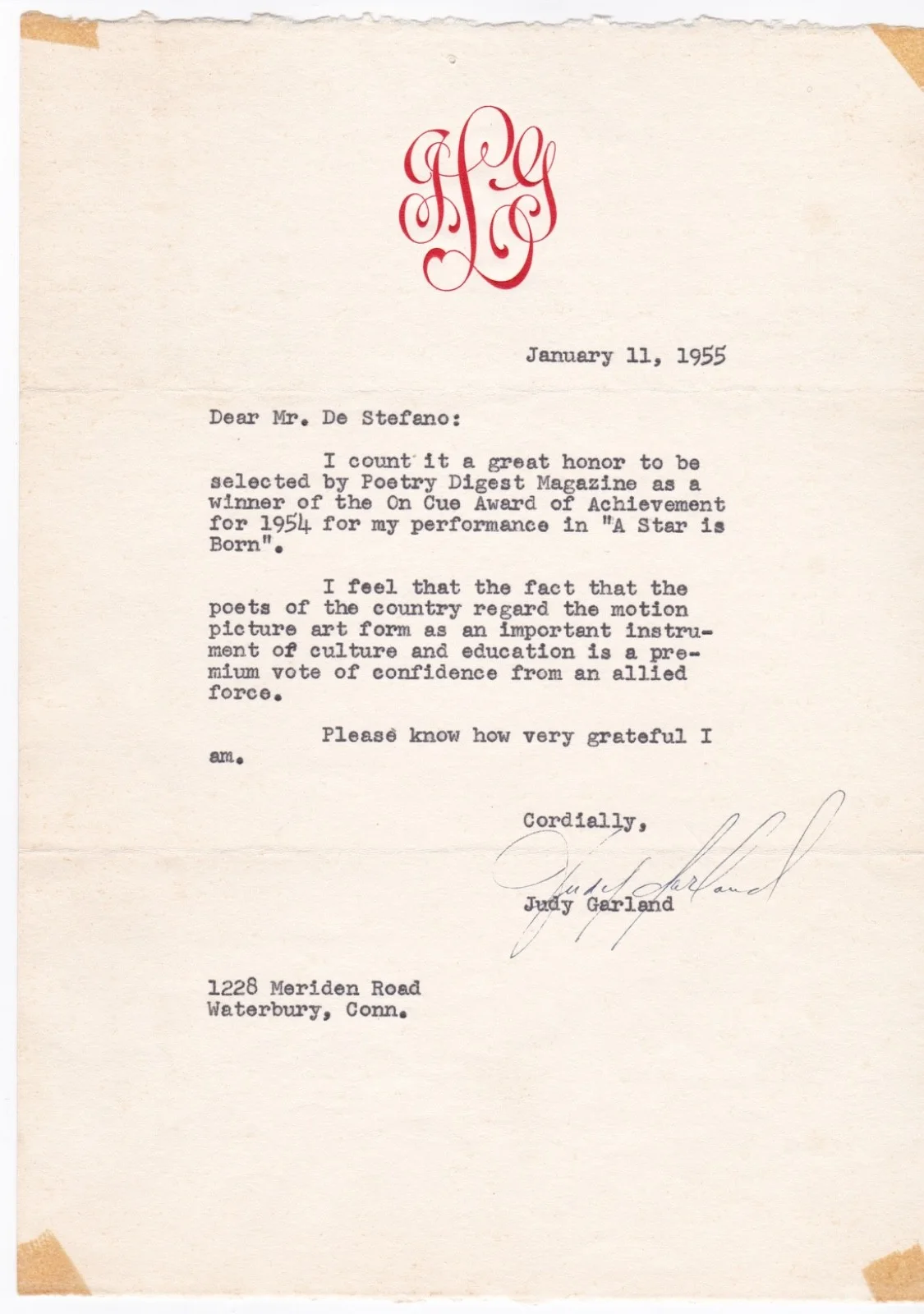 Judy Garland — Judy Garland Signed Letter Re: Award For “A Star is Born” (1954)