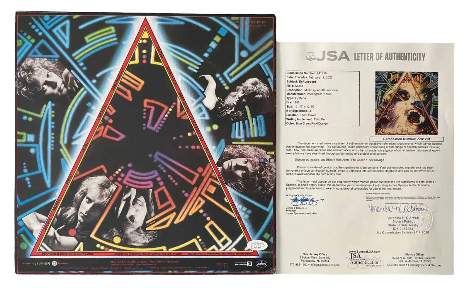 Def Leppard x4 Joe Elliott Collen Allen & Savage Signed Hysteria Record JSA LOA, изображение 2