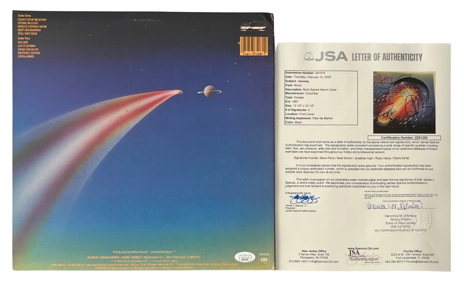 Journey x5 Steve Perry Neal Schon Cain Smith & Valory Signed Escape Record JSA, изображение 2