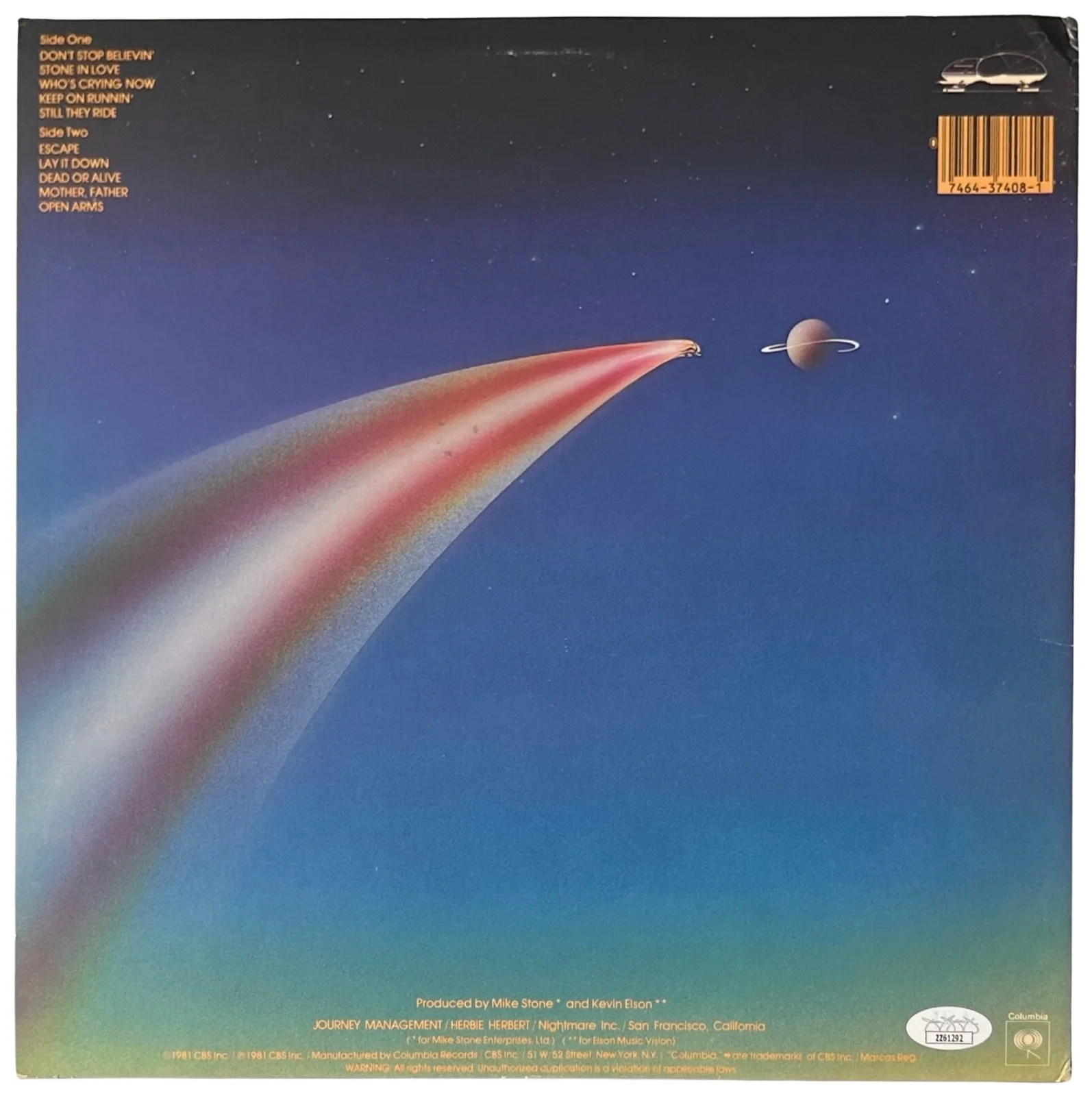 Journey x5 Steve Perry Neal Schon Cain Smith & Valory Signed Escape Record JSA, изображение 4