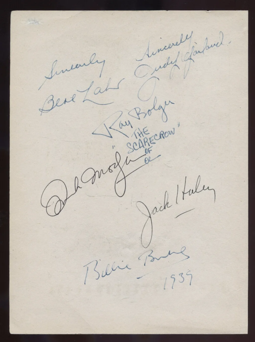 Judy Garland — 1939 Signed WIZARD OF OZ Autographed by SIX / JUDY GARLAND and 5 MAJOR ACTORS