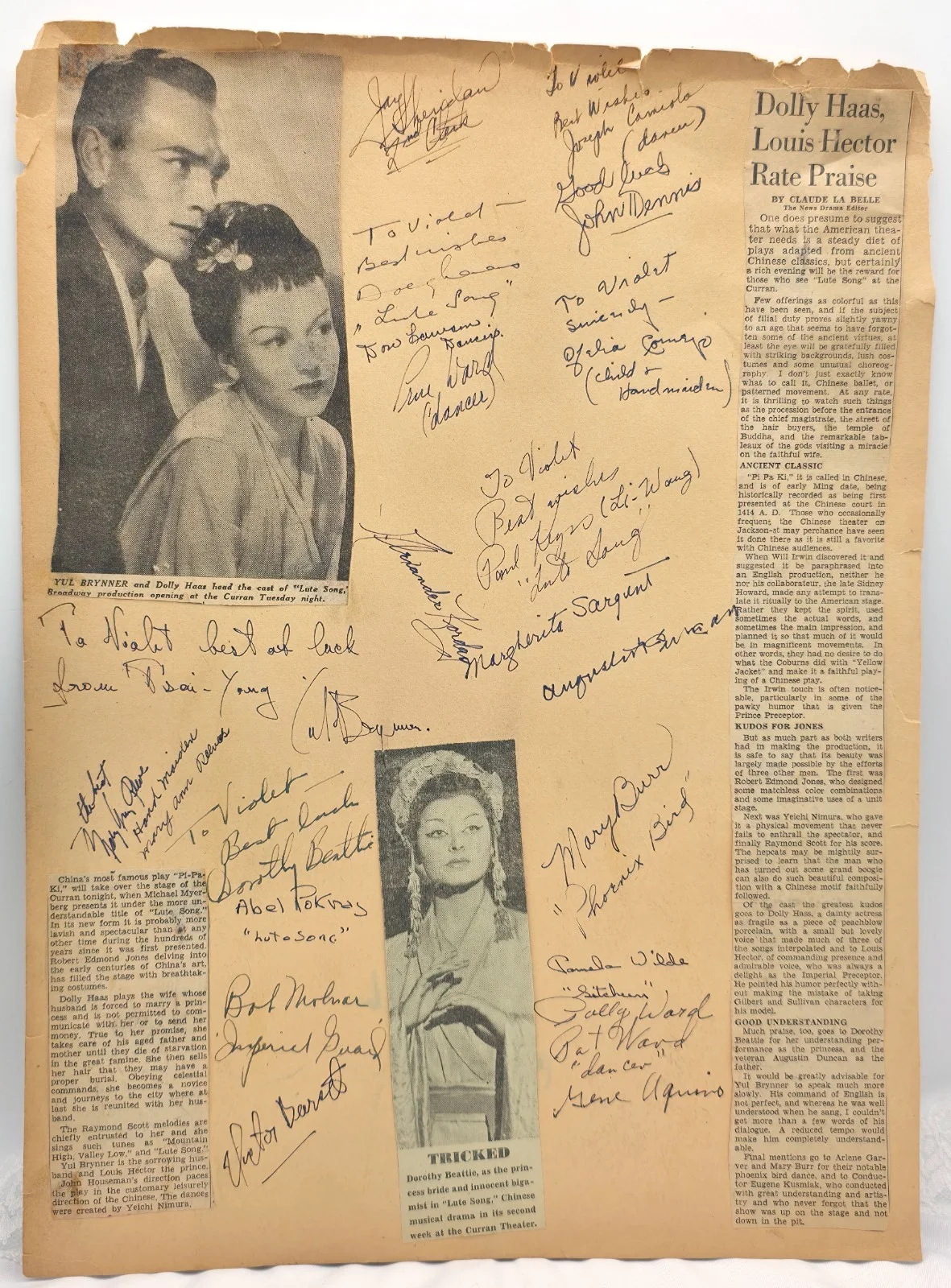 Hand Signed Multiple Autographs Cast Lute Song Yul Brynner Dorothy Beattie +++++, изображение 2