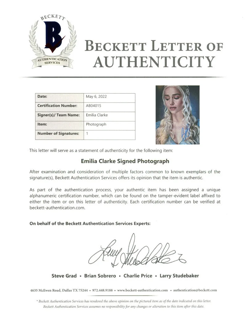 EMILIA CLARKE SIGNED 11x14 PHOTO DAENERYS GAME OF THRONES GOT OPX BECKETT BAS, изображение 3