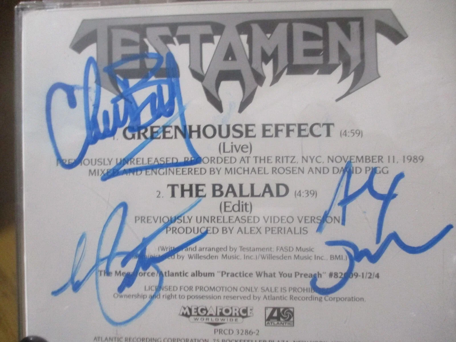 TESTAMENT AUTHENTIC AUTOGRAPHED/SIGNED GREENHOUSE EFFECT PROMO CD CHUCK BILLY +2, image 2