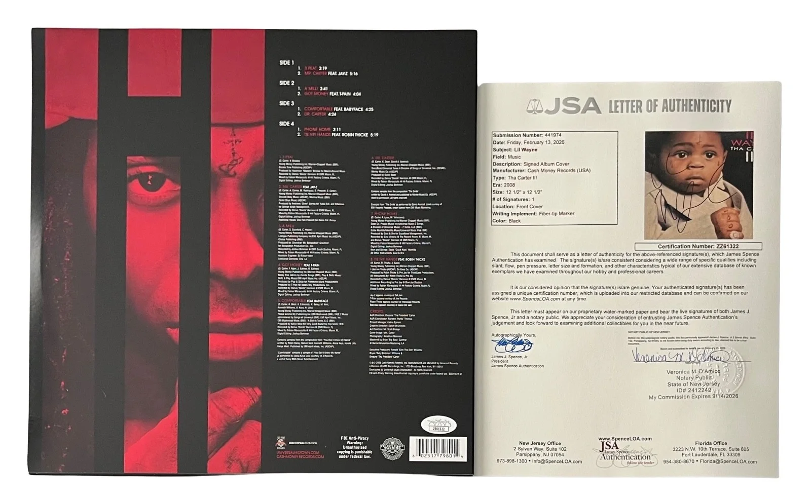 Lil Wayne Signed Tha Carter III 3 Vinyl Record JSA LOA ZZ61322, изображение 2