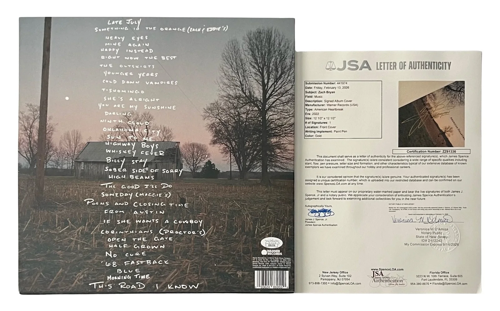 Zach Bryan Signed American Heartbreak Vinyl Record JSA LOA ZZ61336, изображение 2