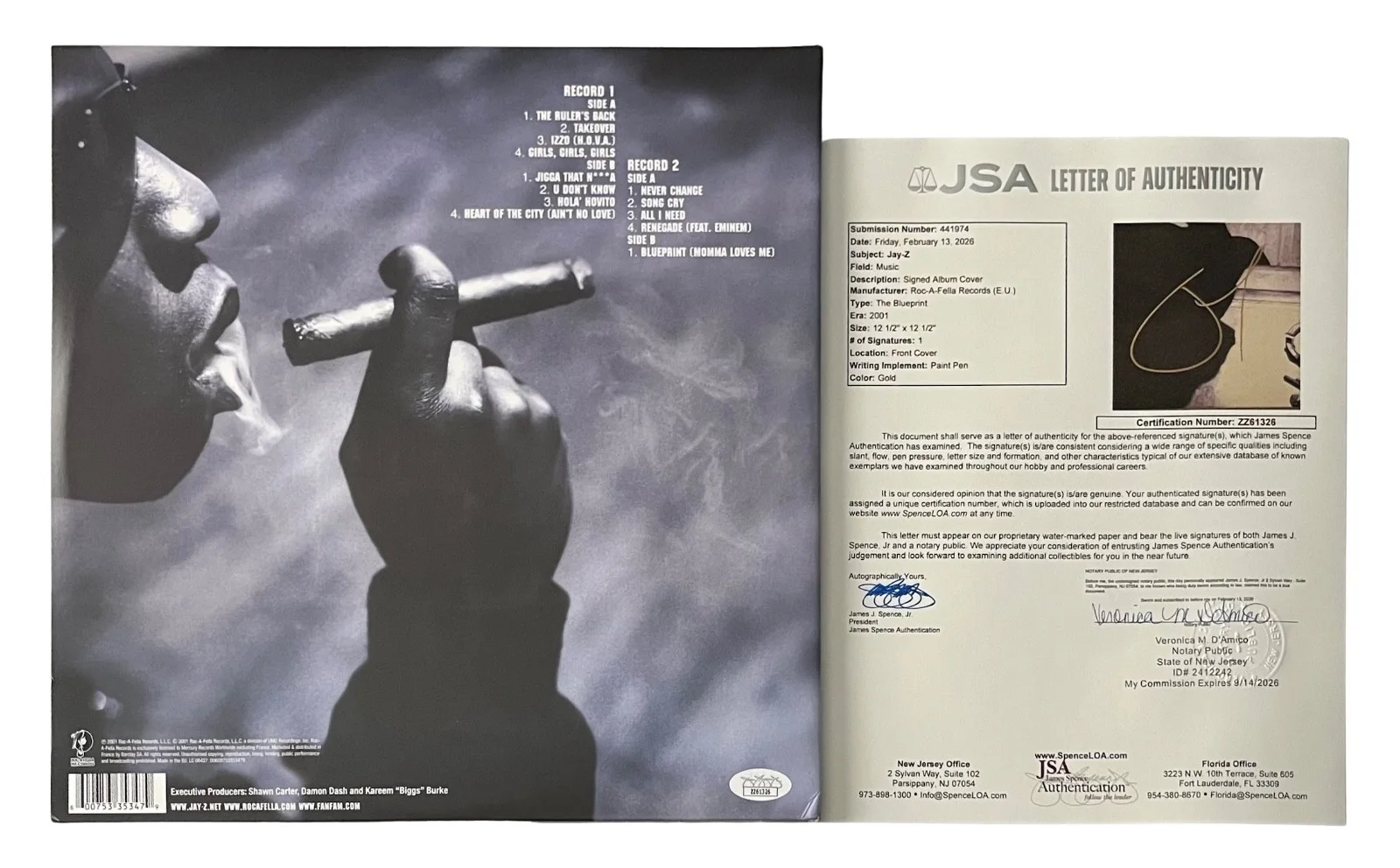 Jay-Z Signed The Blueprint Vinyl Record JSA LOA ZZ61326, изображение 2