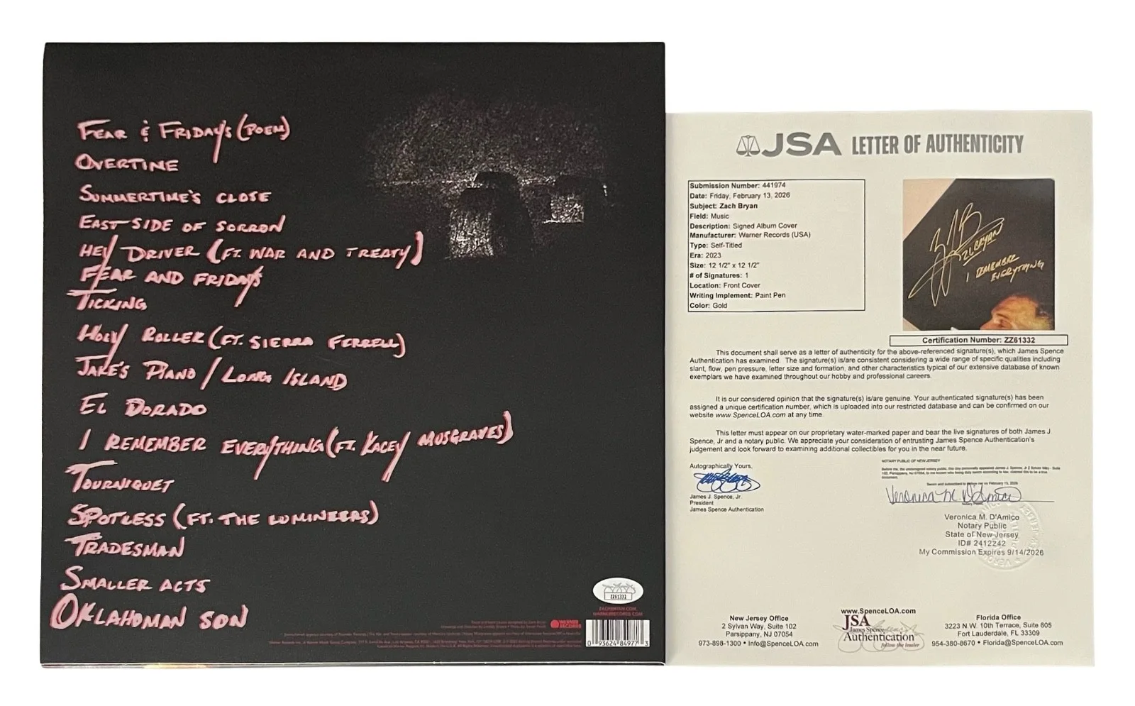 Zach Bryan Signed Self-Titled Vinyl Record w/"I REMEMBER EVERYTHING" Insc. JSA, image 2