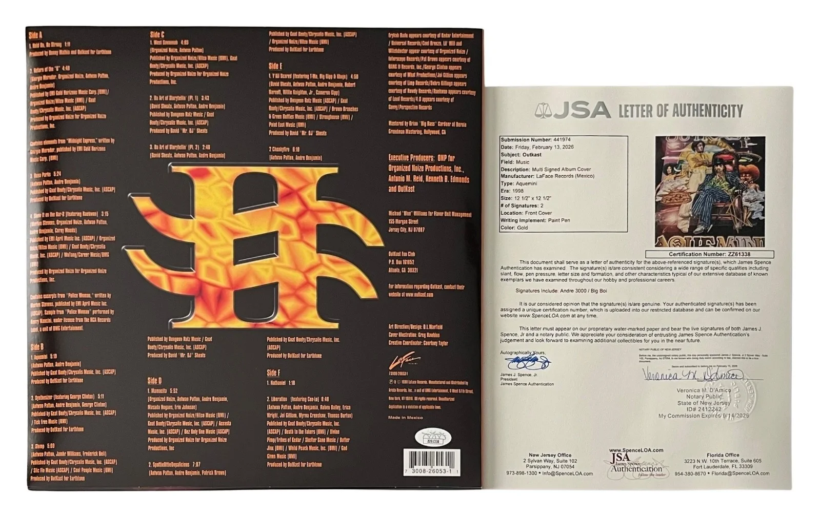 Andre 3000 & Big Boi Signed Outkast Aquemini Vinyl Record JSA LOA ZZ61338, image 2
