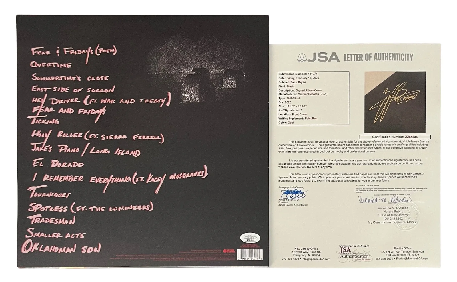 Zach Bryan Signed Self-Titled Vinyl Record JSA LOA ZZ61334, image 2