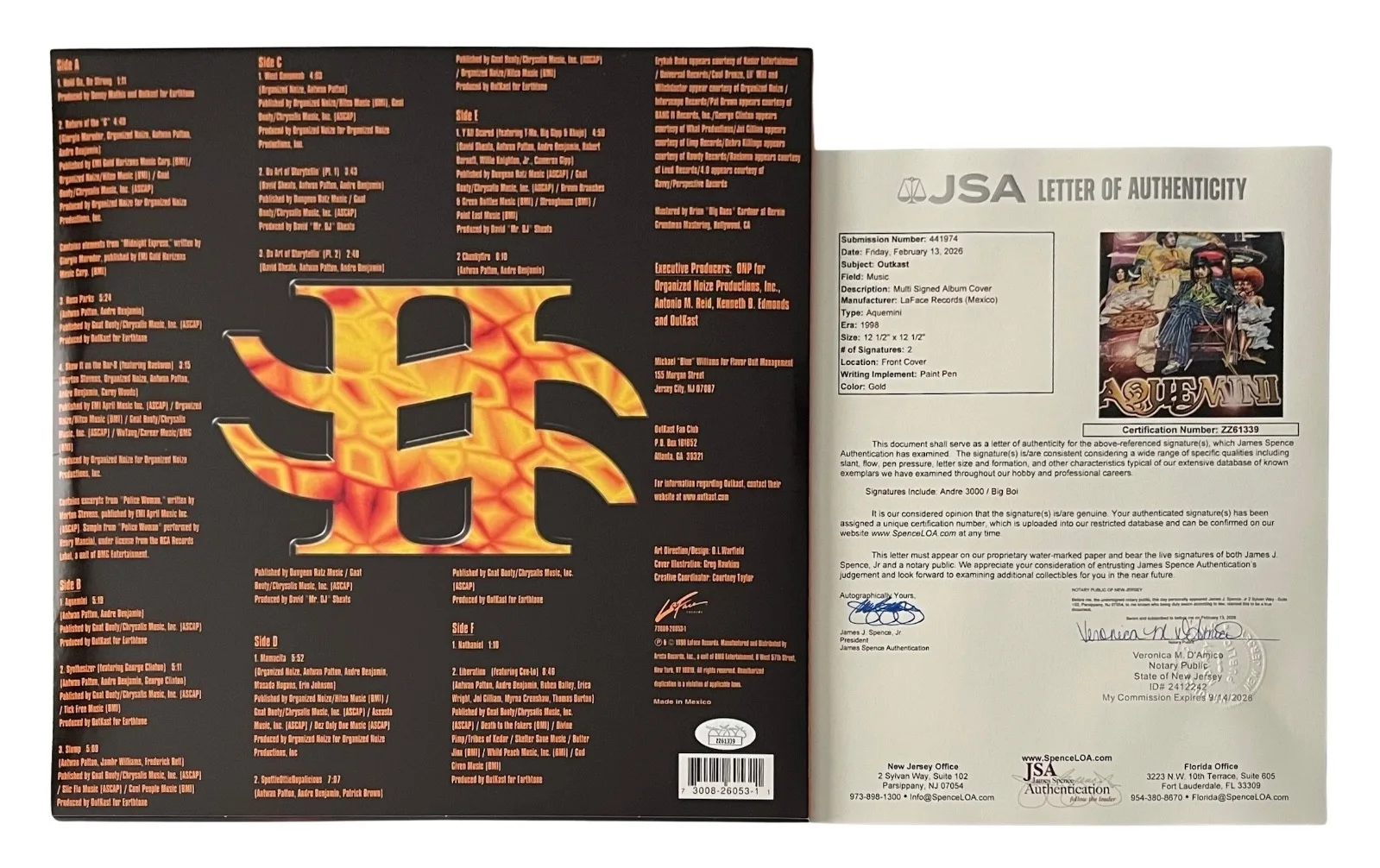 Andre 3000 & Big Boi Signed Outkast Aquemini Vinyl Record JSA LOA ZZ61339, изображение 2