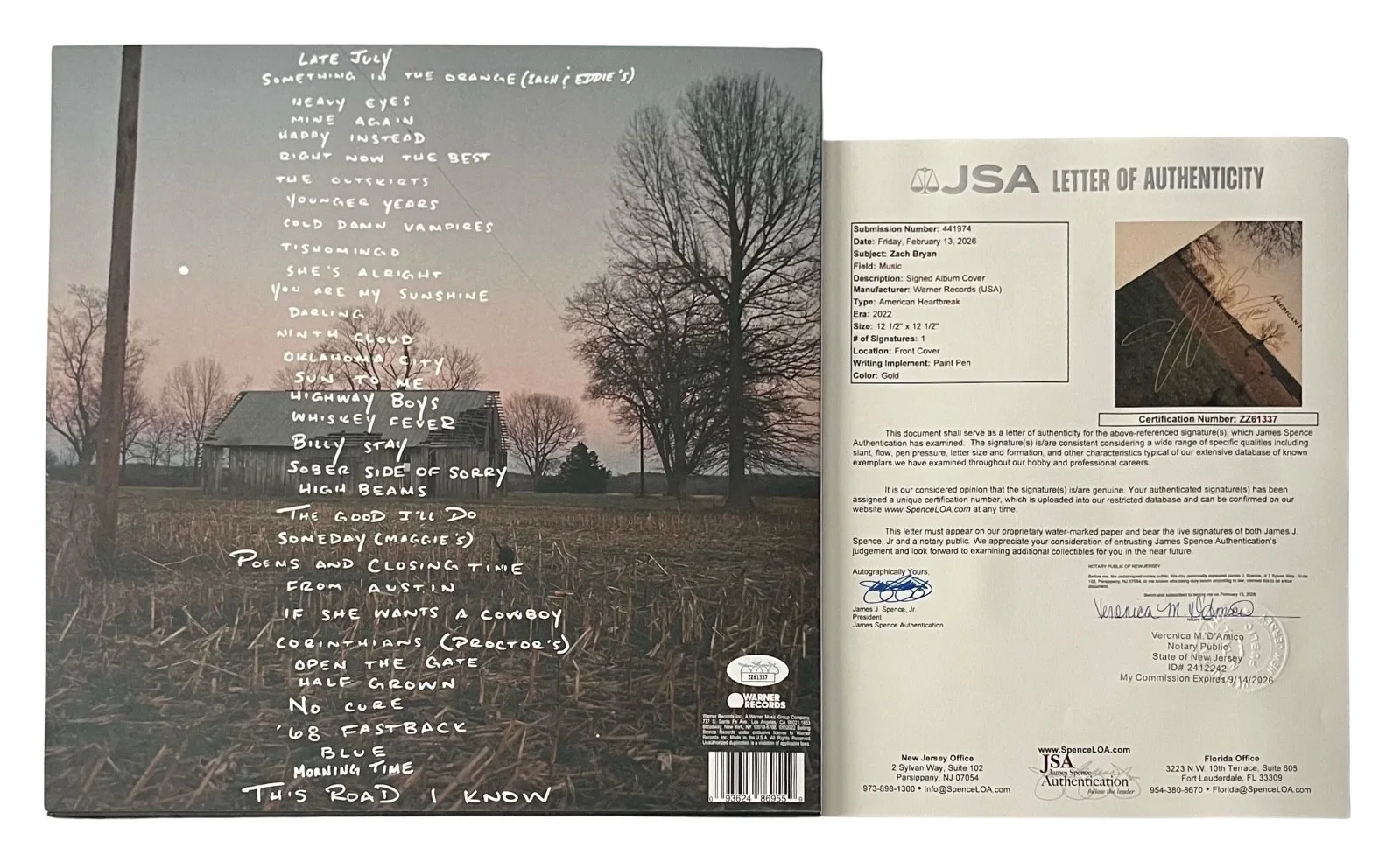 Zach Bryan Signed American Heartbreak Vinyl Record JSA LOA ZZ61337, изображение 2