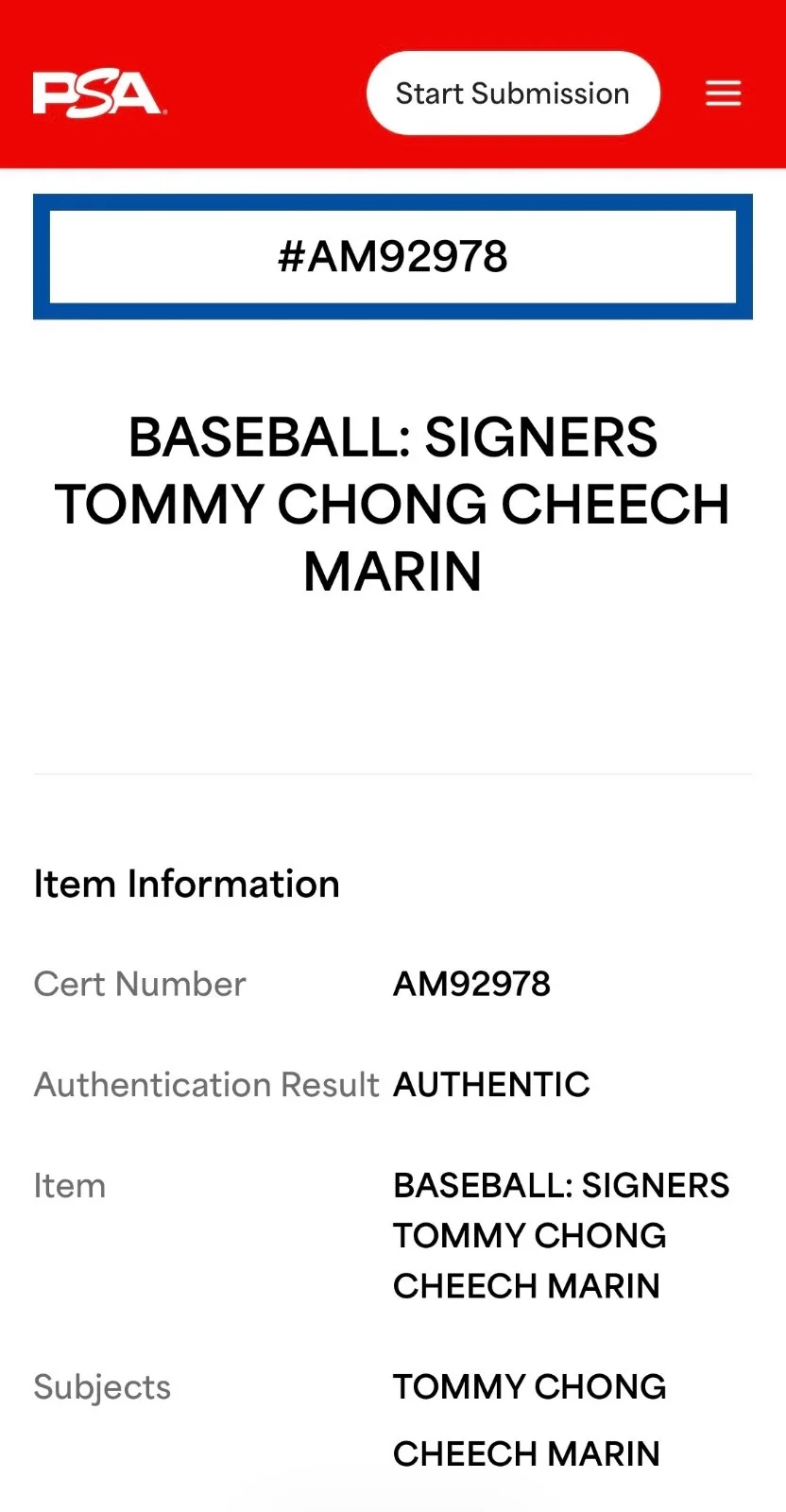 Cheech Marin & Tommy Chong Signed Major League Baseball PSA COA AM92978, изображение 3