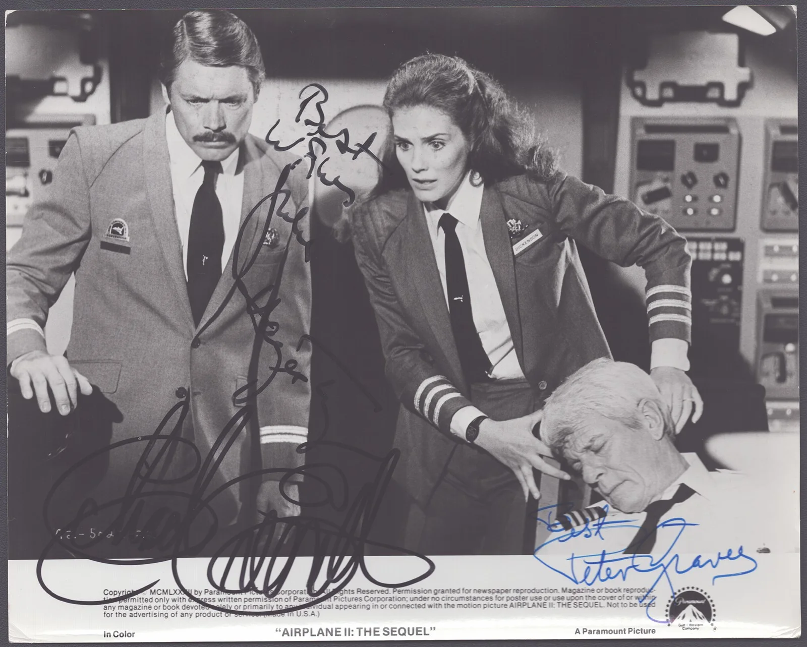 Julie Hagerty, Chad Everett, Peter Graves — AIRPLANE II: THE SEQUEL MOVIE CAST - PRINTED PHOTOGRAPH SIGNED IN INK