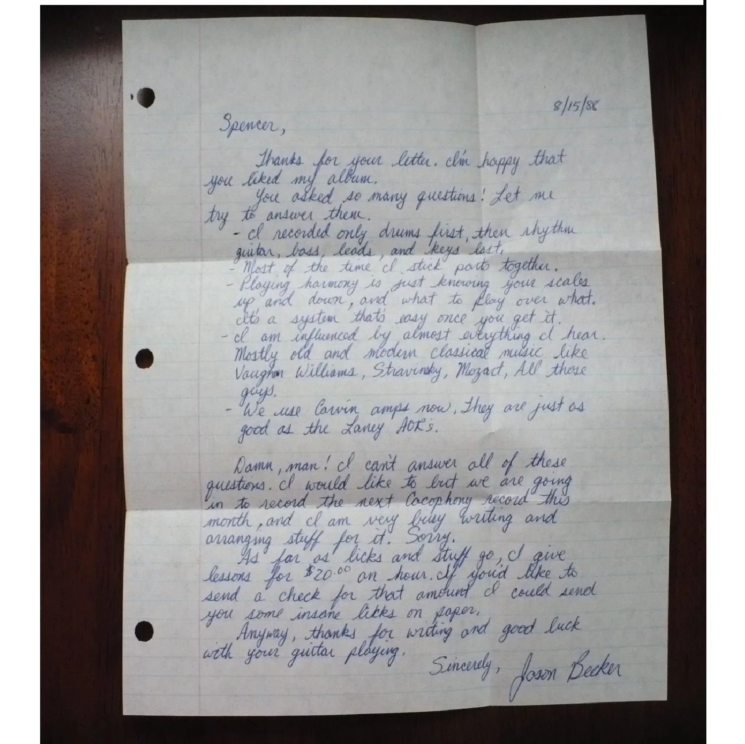 1988 Jason Becker Handwritten Letter Autograph Cacophony 'Go Off!' Recording Era, изображение 3