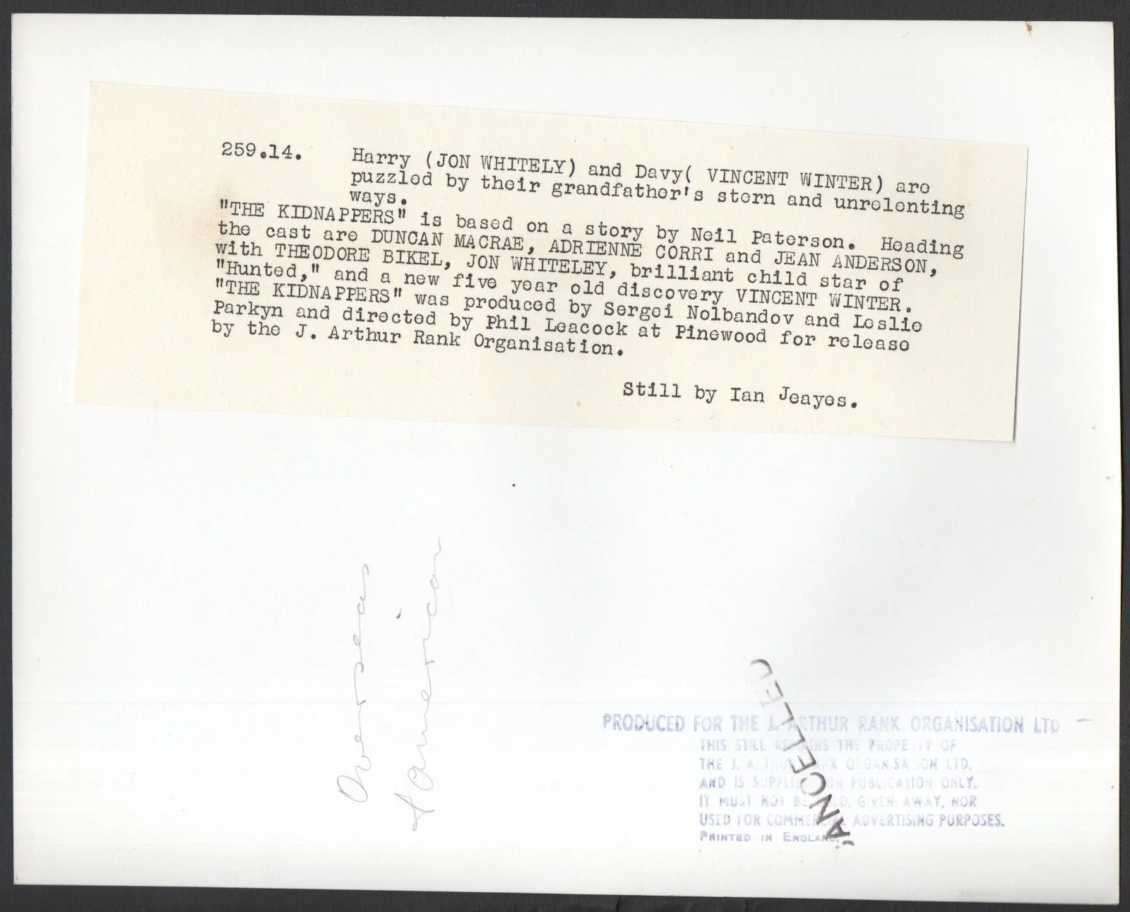 KIDNAPPERS 1953 Jon Whiteley, Vincent Winter IAN JEAYES STILL #14, изображение 2