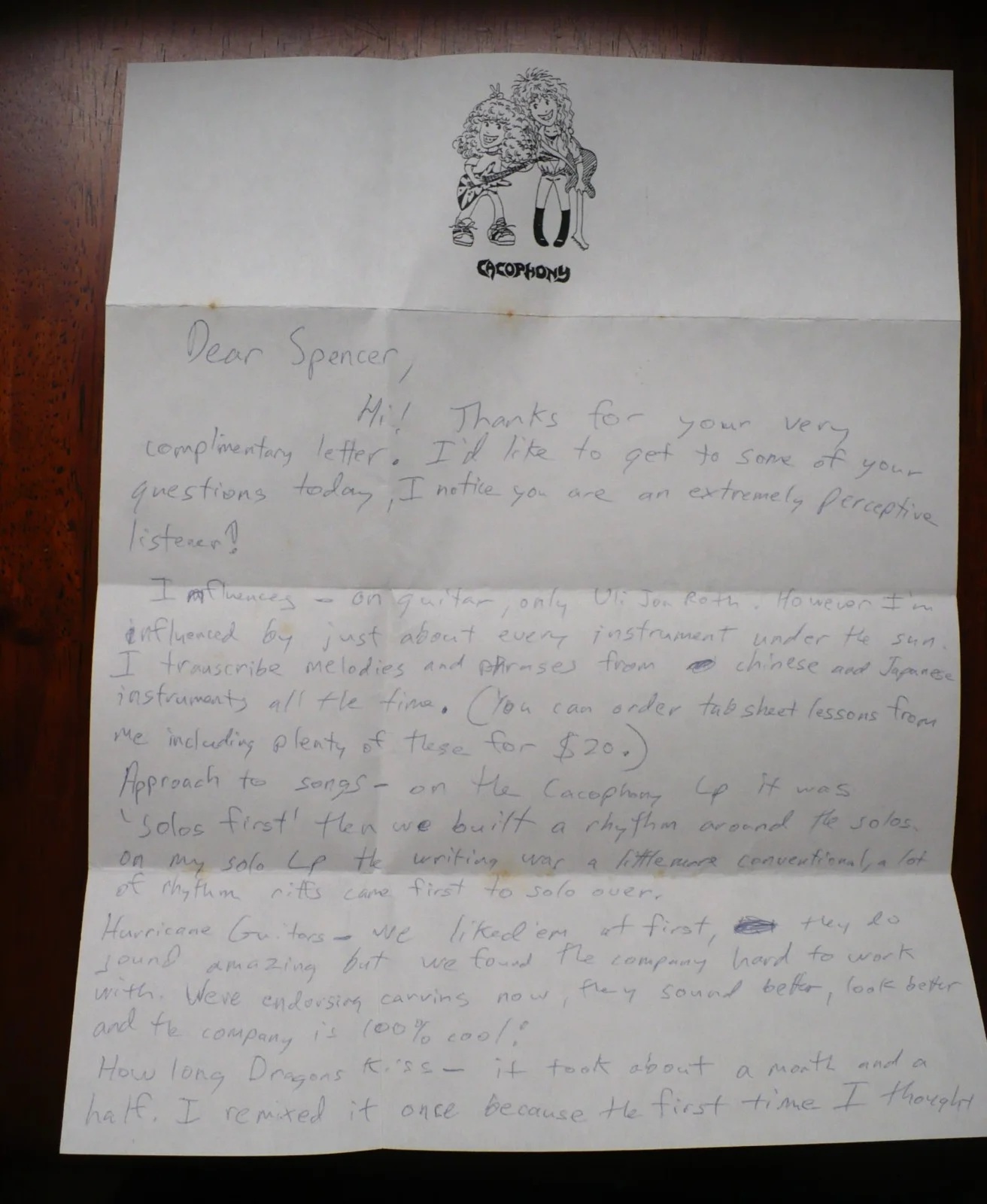 1988 Marty Friedman Handwritten Letter & Envelope Autograph Recording Cacophony, изображение 2
