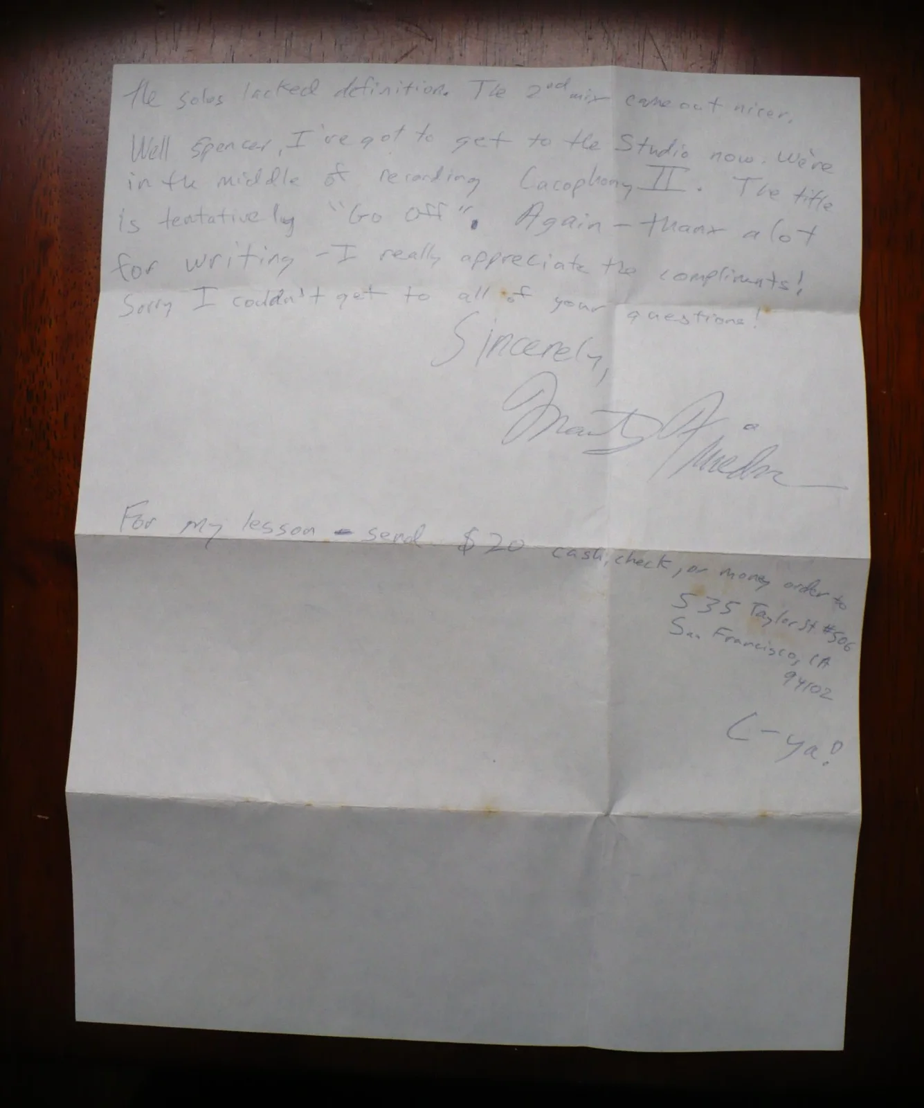 1988 Marty Friedman Handwritten Letter & Envelope Autograph Recording Cacophony, изображение 3