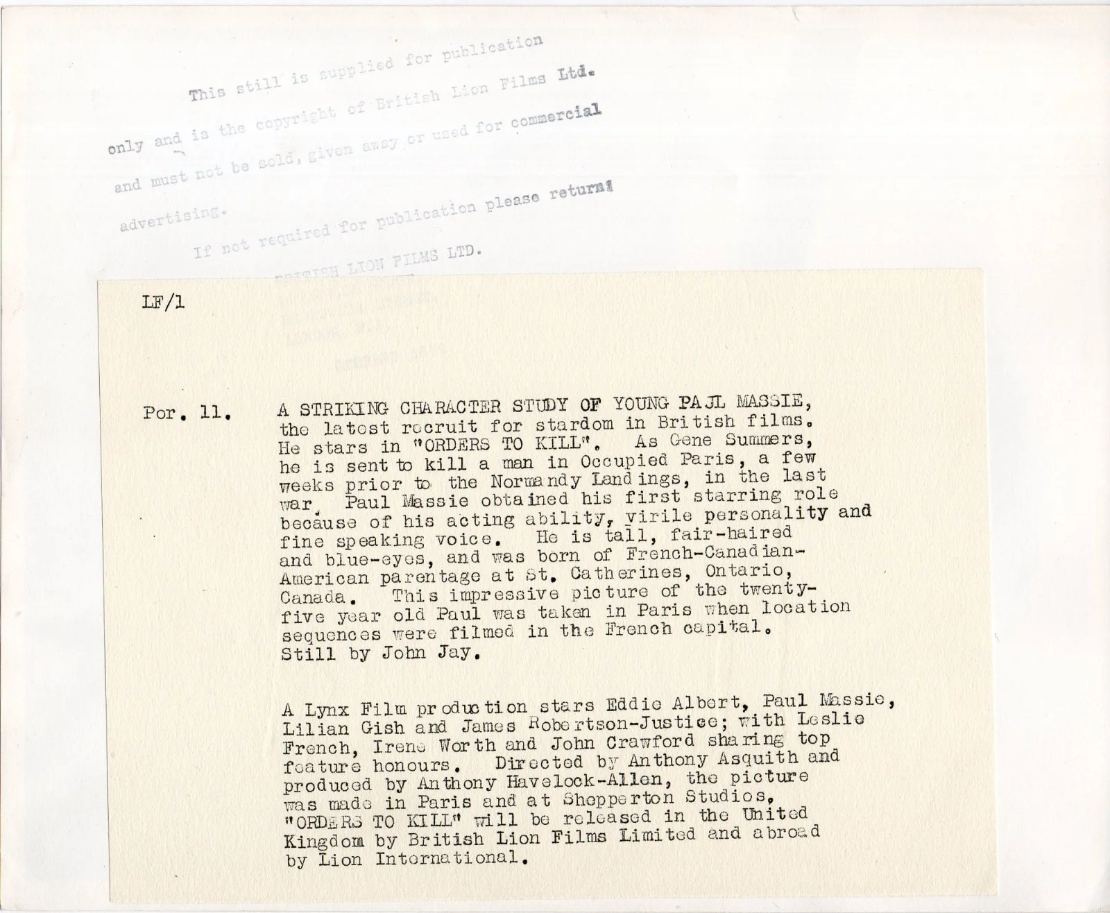 ORDERS TO KILL 1958 Paul Massie - Anthony Asquith 10x8 STILL #P11, image 2