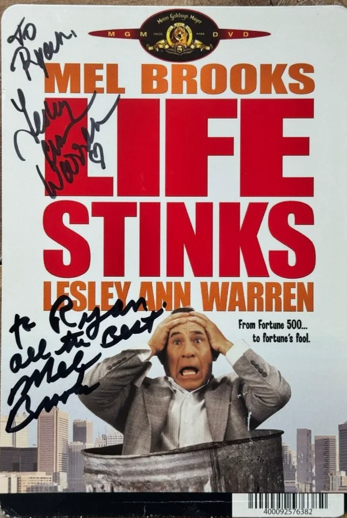 Mel Brooks — Mel Brooks & Lesley Ann Warren SIGNED 8" x 5.5" DVD Backer Card 'Life Stinks', image 2