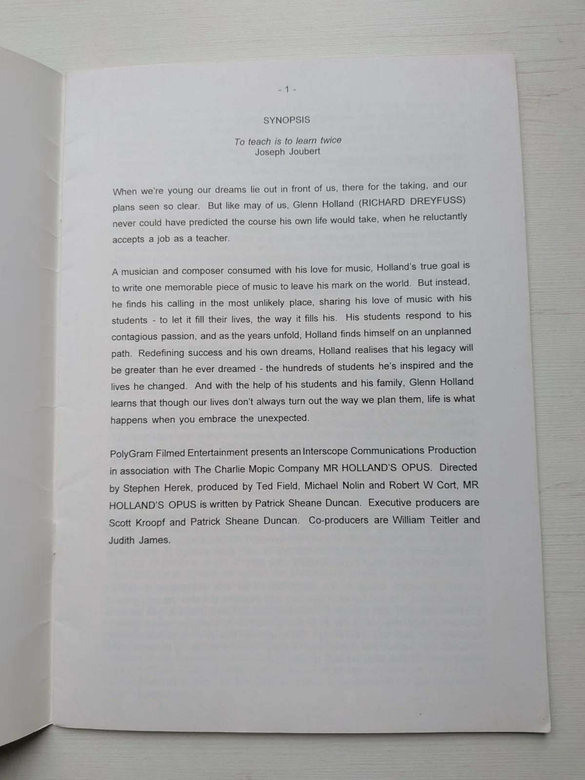Mr Holland's Opus 1995 Richard Dreyfuss Movie Press Kit Synopsis/Cast List, image 3