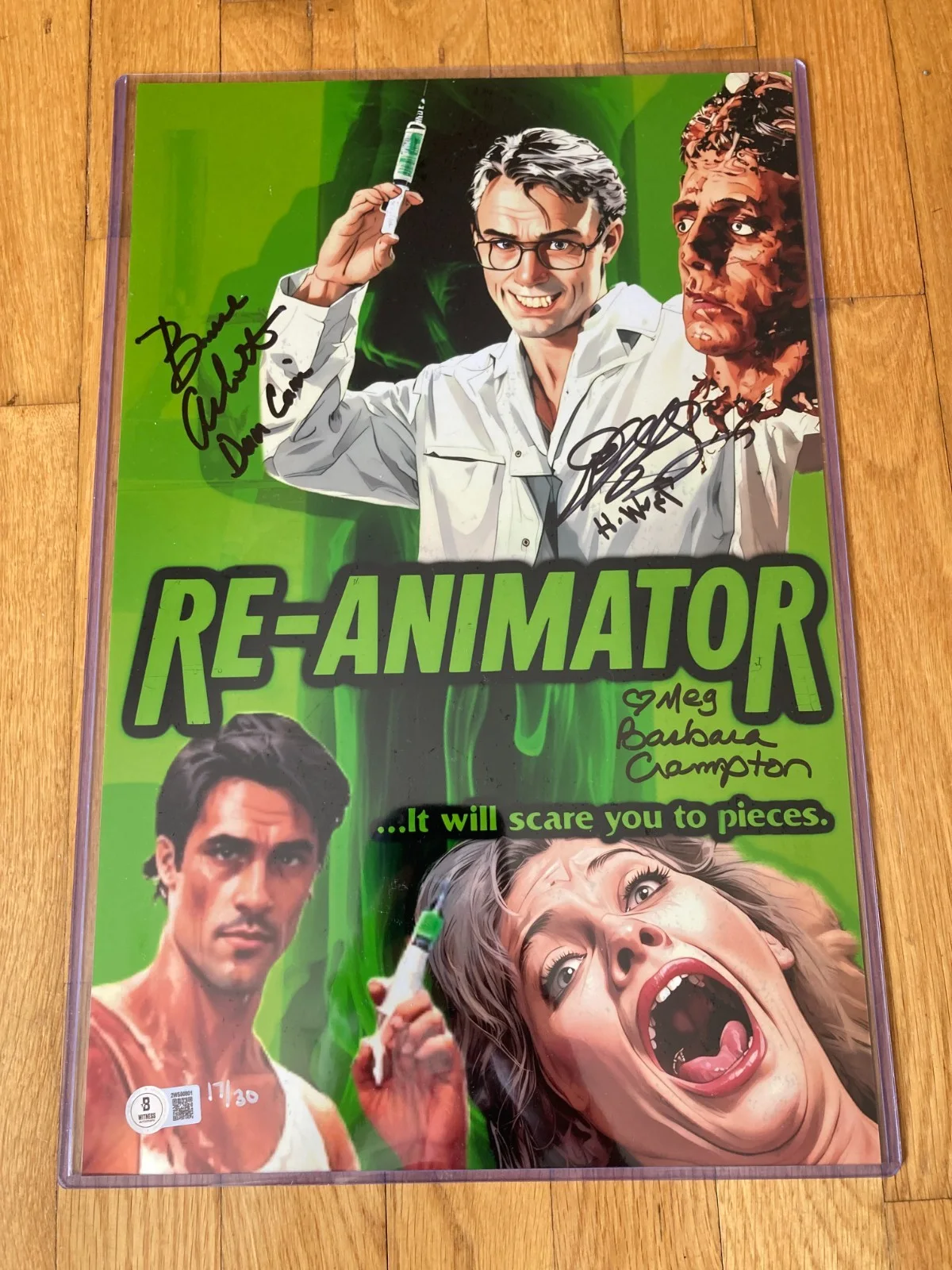 Bruce Abbott, Barbara Crampton, Jeffrey Combs — Jeffrey Combs Barbara Crampton Abbott Re-Animator Signed 11x17 LE photo /30 BAS