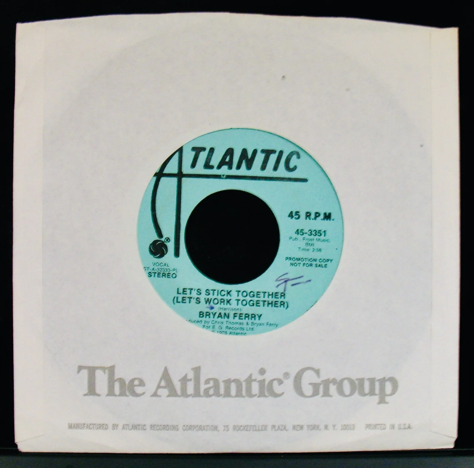 ROXY MUSIC~BRYAN FERRY Autographed LET'S STICK TOGETHER Promo 45 & Sleeve, image 2