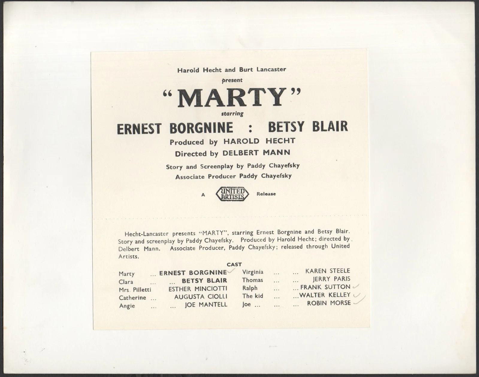 MARTY 1955 Ernest Borgnine, Betsy Blair Paddy Chayefsky 2 10x8 STILLS, изображение 2