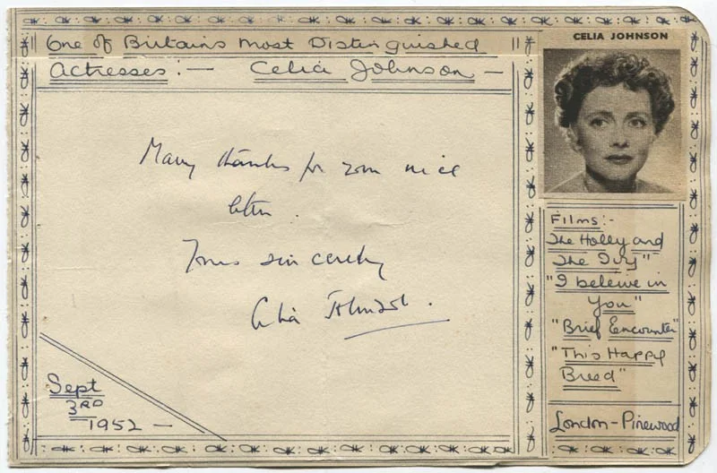 Celia Johnson — CELIA JOHNSON - AUTOGRAPH NOTE SIGNED CIRCA 1952