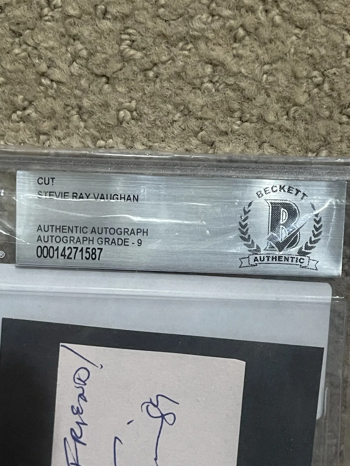 Stevie Ray Vaughan Signed Cut Auto Beckett Slab w/Inscription 1989! Mint 9 grade, image 2