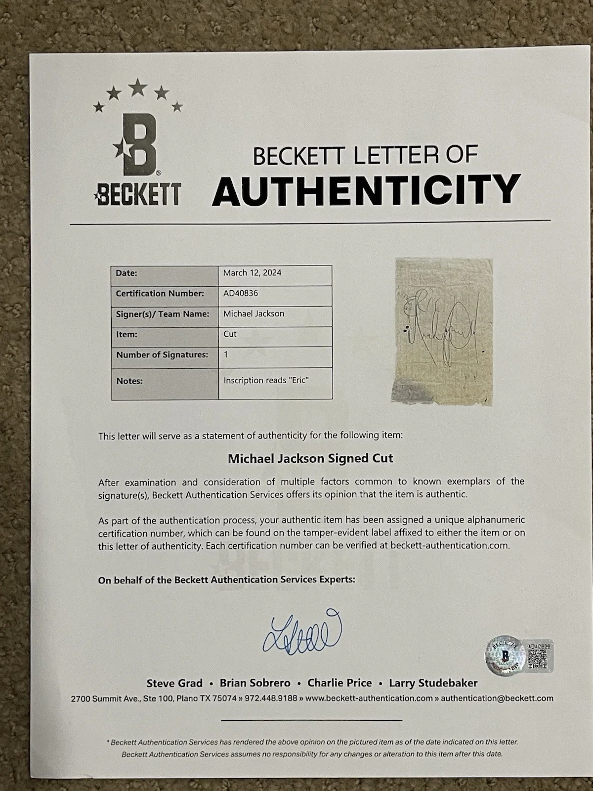 Michael Jackson Signed Notepad Page BAS Slab Full COA letter Auto King Of Pop, image 3