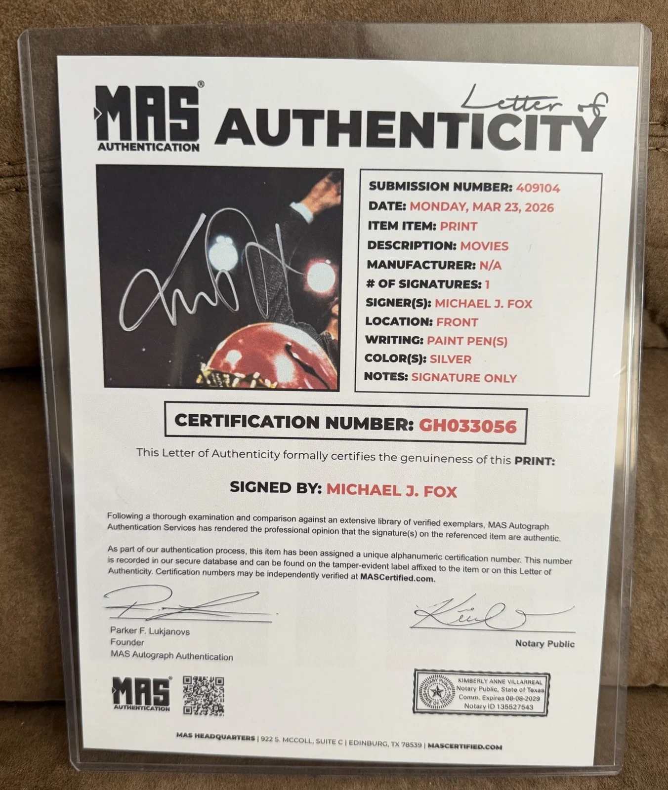 8x10 PRINT AUTO BY MICHAEL J FOX WITH COA/LOA WITH A FREE PHOTO FRAME, изображение 4