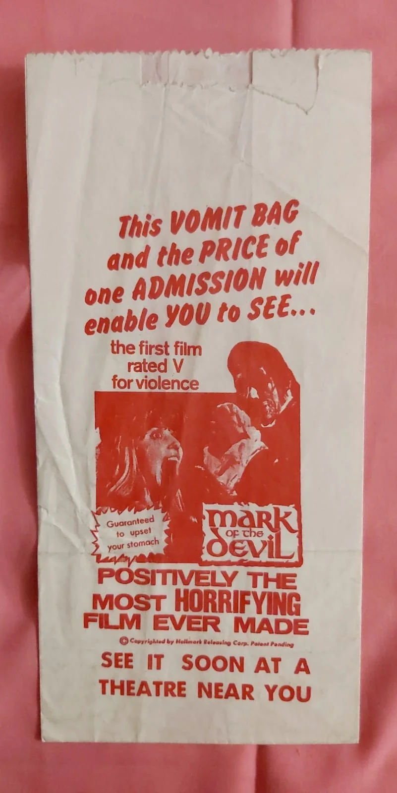 MARK OF THE DEVIL 1974 USA 1 SHEET ORIGINAL POSTER 41 X 27 ''PLUS VOMIT BAG, image 3