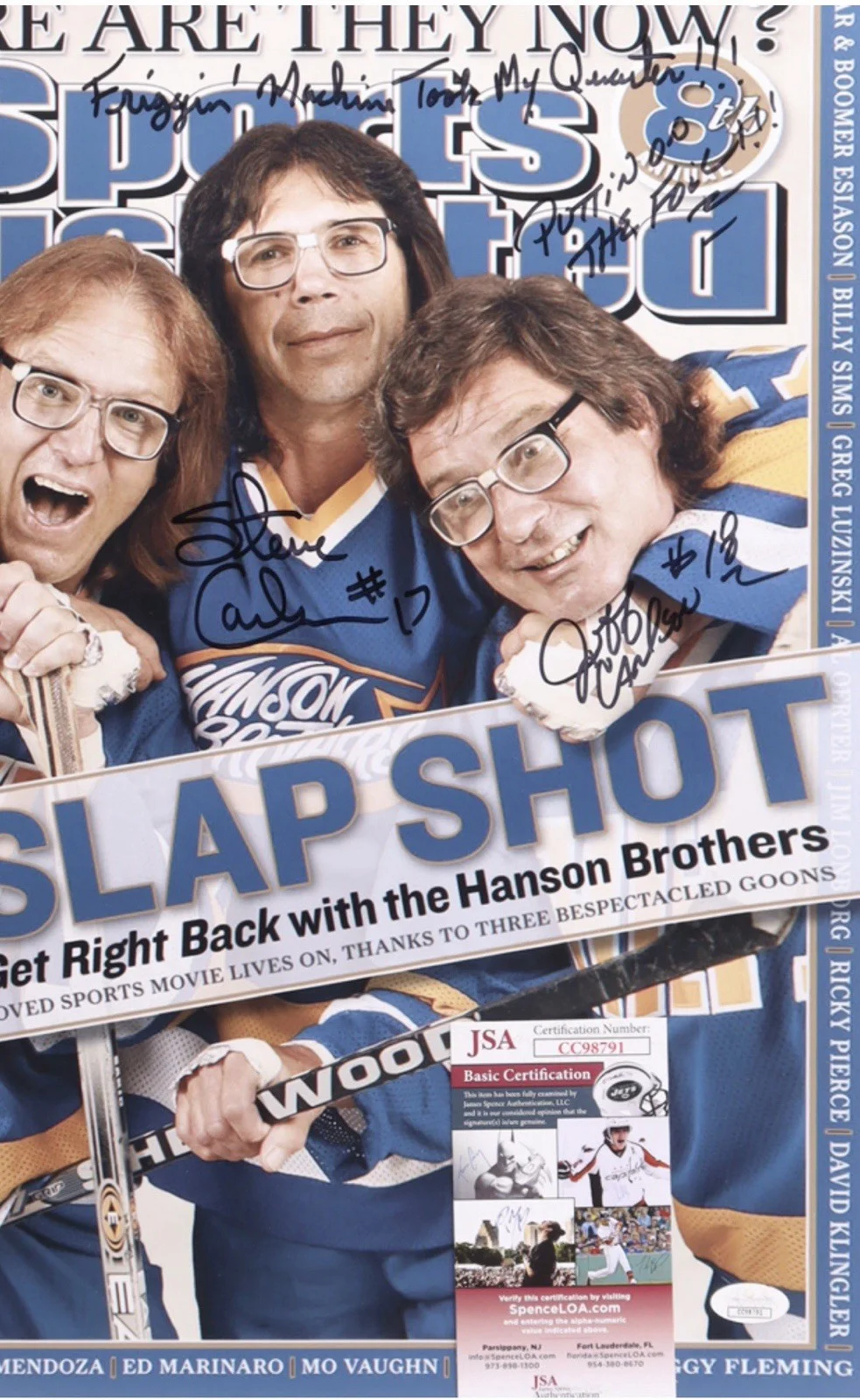 Dave Hanson, Steve Carlson, Jeff Carlson — Dave Hanson, Steve Carlson & Jeff Carlson Signed "Slap Shot" 16x20 Photo, image 2