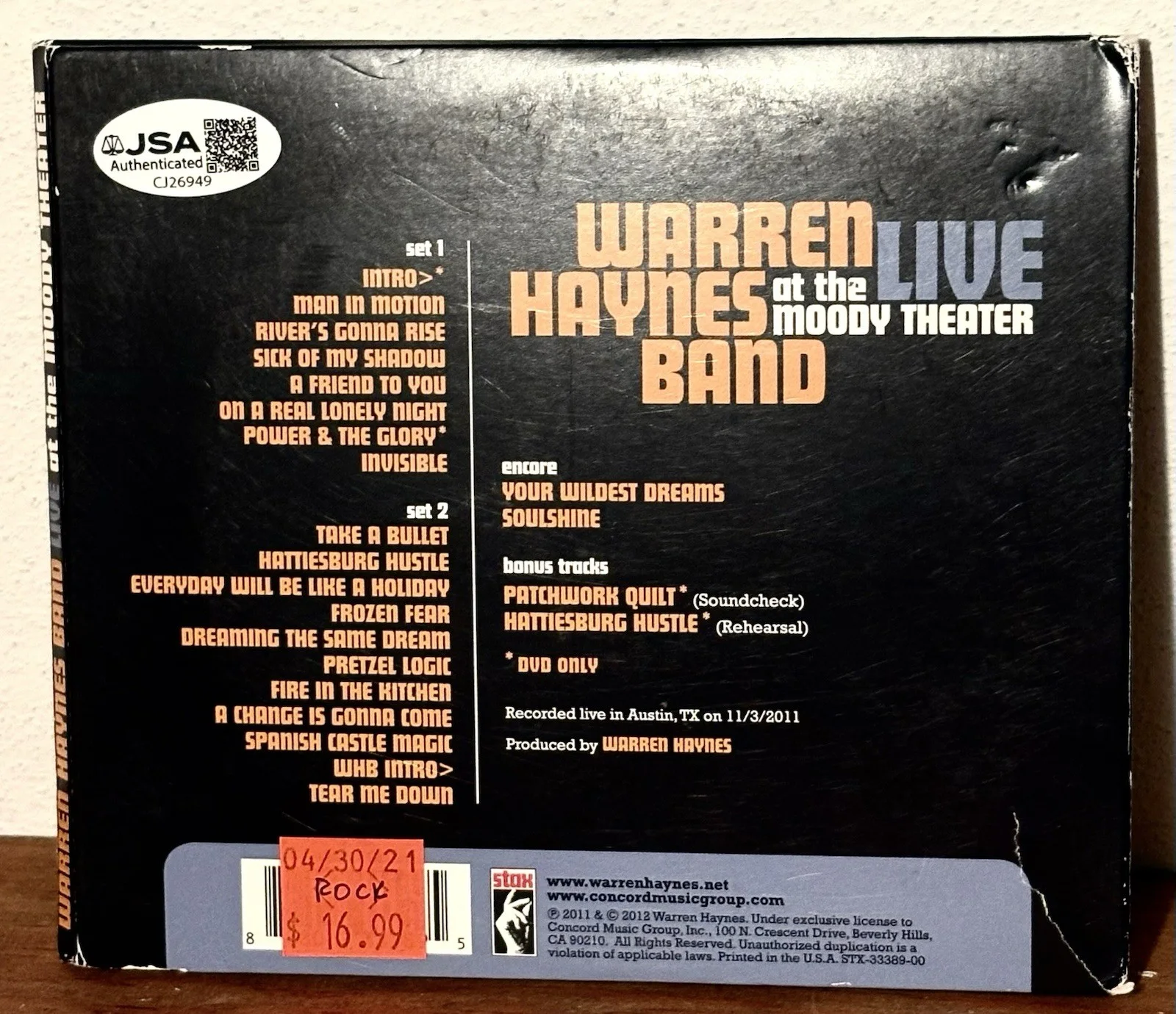 Warren Haynes SIGNED CD JSA COA Live At The Moody Theater, изображение 3